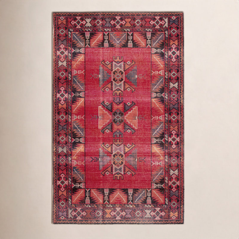 Tapis d'intérieur / extérieur rouge / rose / jaune / noir Halstead Global Inspired, Rectangle 7 pi 6 po x 9 pi 6 po