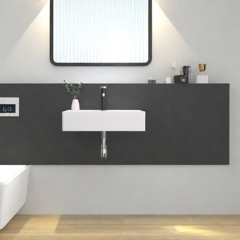 21" x 12" White Ceramic Rectangular Wall Mount Bathroom Sink, Floating Sink with Single Faucet Hole & Overflow, 1.75" Drain, 5" Height, for Compact Bathrooms