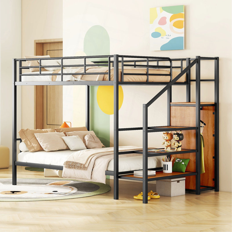 Lit superposé double en métal avec échelle de rangement latérale et garde-robe, noir, Noir