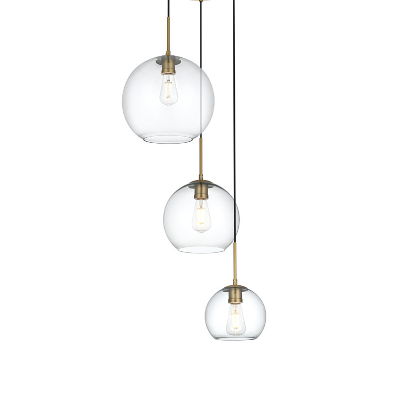Luminaire suspendu sphérique pour îlot de cuisine à trois lumières avec accents en verre Snead, Transparent, Doré