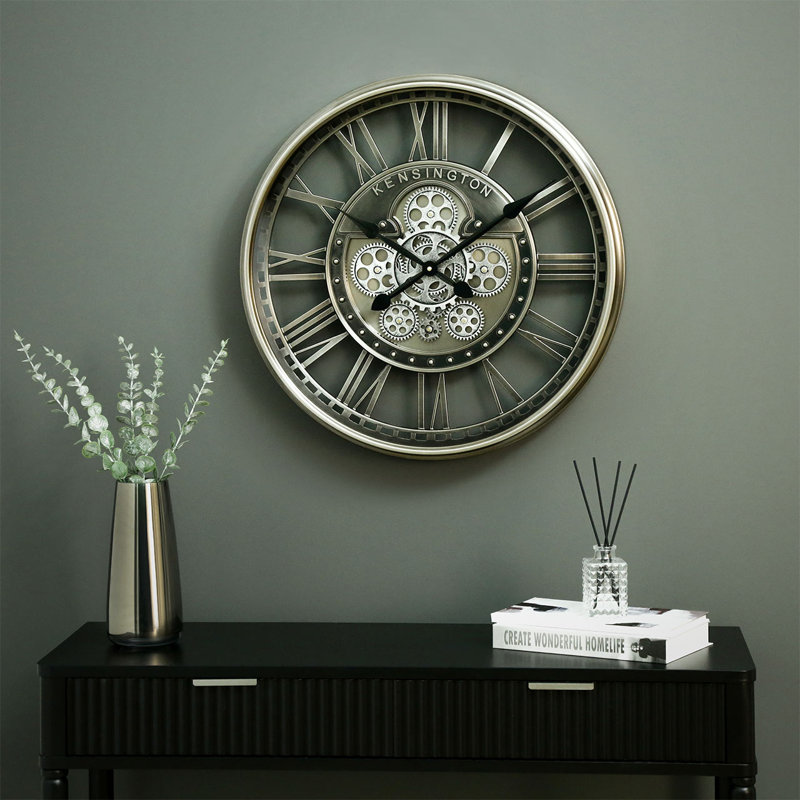 Antique Style Gear Clock for Living Room, Metal Wall Clock for Bedroom Decor, 53.5cm H x 53.5cm W x 8cm D, Nickel