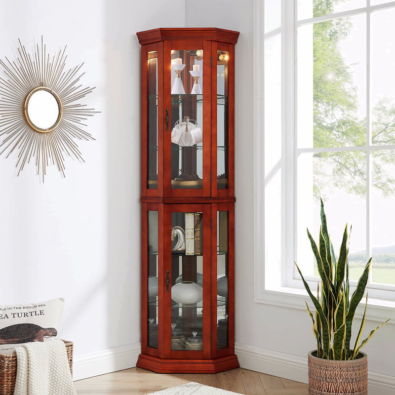 Vitrine de coin avec lumières, tablettes réglables en verre trempé, dos en miroir, vitrine