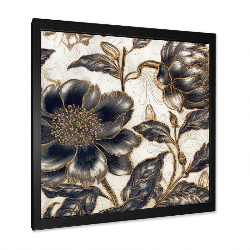 Pivoines bleues et dorées - impression, Cadre photo noir, H 16 po x l 16 po x P 1 po