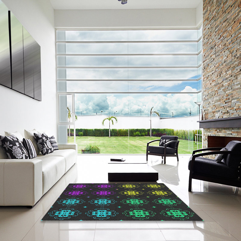 Rose floral/vert/Tapis décoratif noir, Carré 6 pi