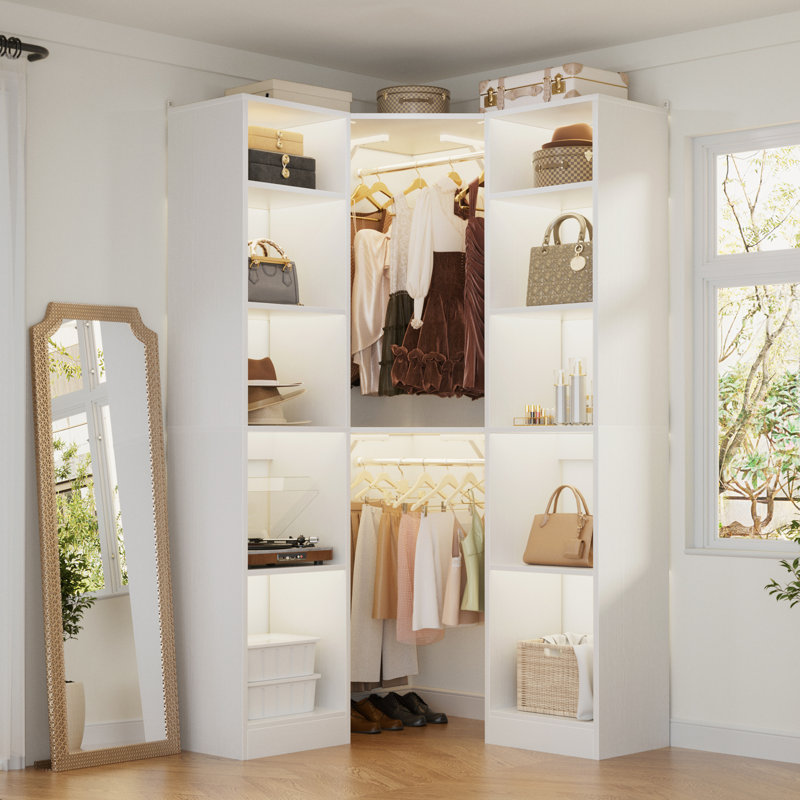 39" × 39" Large Corner Closet System With 12 Shelves & 2 Hanging Rods, White