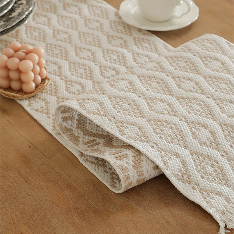 Geometric Modern Diamond Woven Table Runner With Fringe 14" W X 72" L, Ivory
