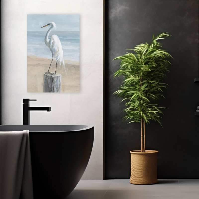 Aigrette côtière et plage par la mer, H 24 po x l 16 po
