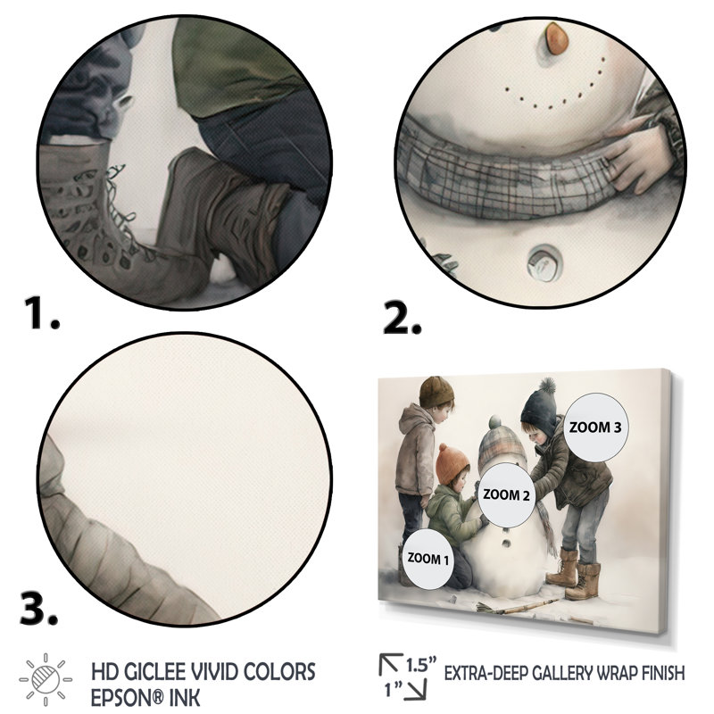 «Kids Building A Huge Snowman III - Winter Landscape», impressions encadrées, H 24 po x l 32 po x P 1 po, Toile tendue