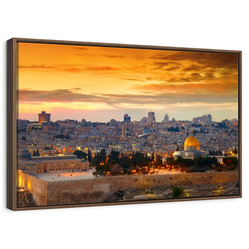 Paysage urbain de coucher de soleil de Jérusalem, 37 po x 25 po, Cadre flottant noyer