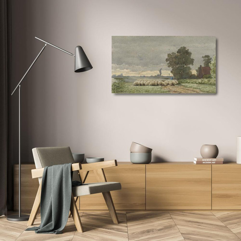 "Paysage avec une volée de moutons" par Cornelia Hoevenaar Ii - Art mural sur toile tendue avec châssis, H 24 po x l 17 po