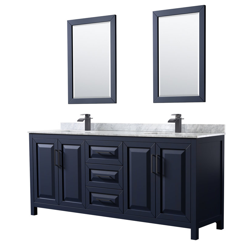 Daria 80'' W Double Vanity, White Cultured Marble, Dark Blue, Brushed Gold
