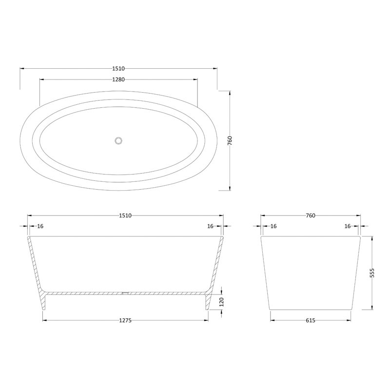 Rose 1510mm x 760mm Soaking Acrylic Bathtub