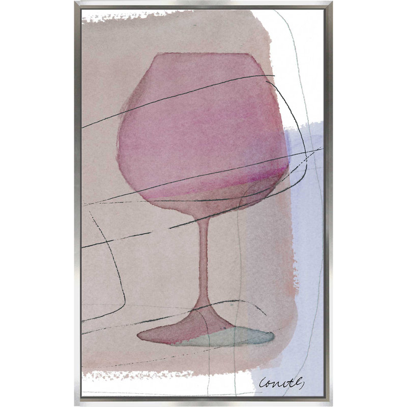 «Glass Of Wine II», reproduction de peinture à l'aquarelle, H 48 po x l 28 po x P 2 po, Cadre flottant argent