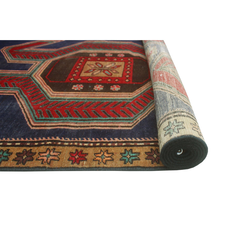 One-of-a-Kind 3'7" x 10'4" New Age Runner Wool Area Rug in Navy and Red