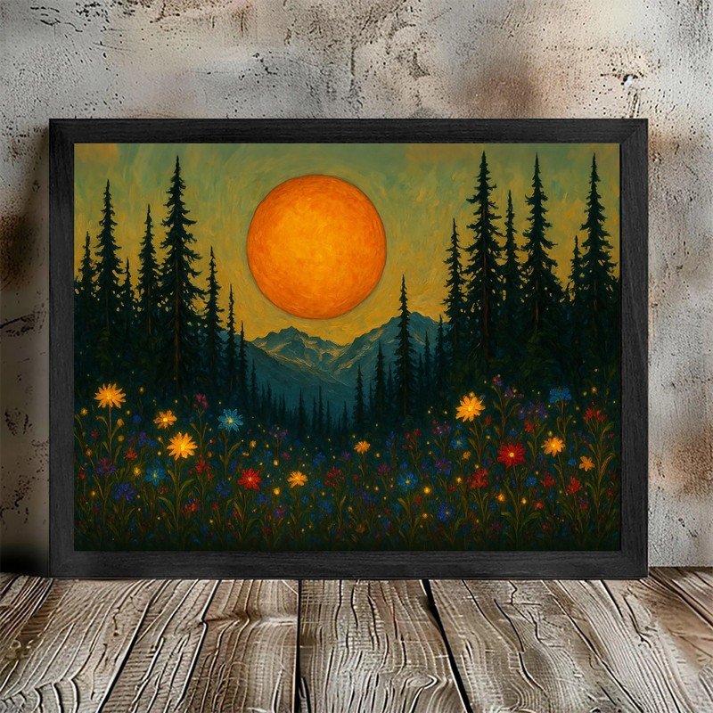 «Moonlit Pine Forest», encadré noir, pleine lune, peinture de champ de fleurs sauvages, art mural paysage nature Moody Mystical
