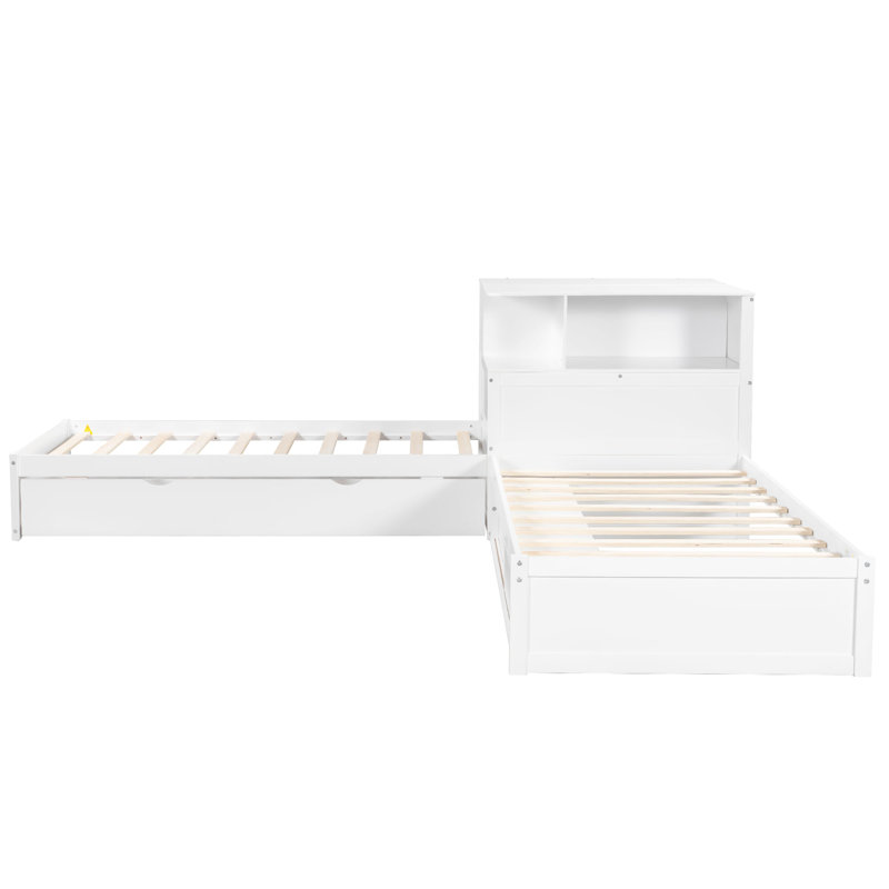 Twin L-Shaped Platform Bed with Trundle, Storage Cabinets, Desk & LED Light – Space-Saving Corner Bed,White, White