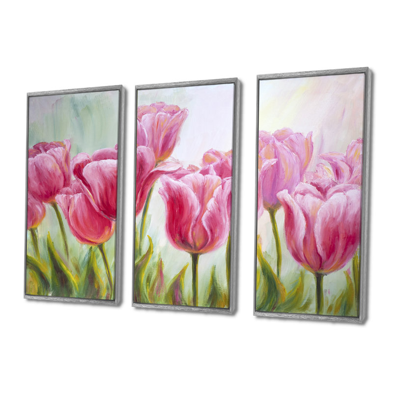 «Tulipes Flowers Blossoming», reproduction sur toile flottante 3 pièces, L 36 po x H 28 po, Argent argent