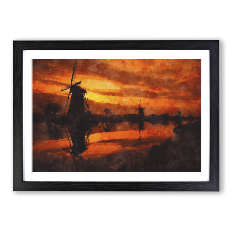 Windmill at Sunset Vol.2 - Picture Frame Painting, 48cm H x 65cm W x 2cm D, Black Framed