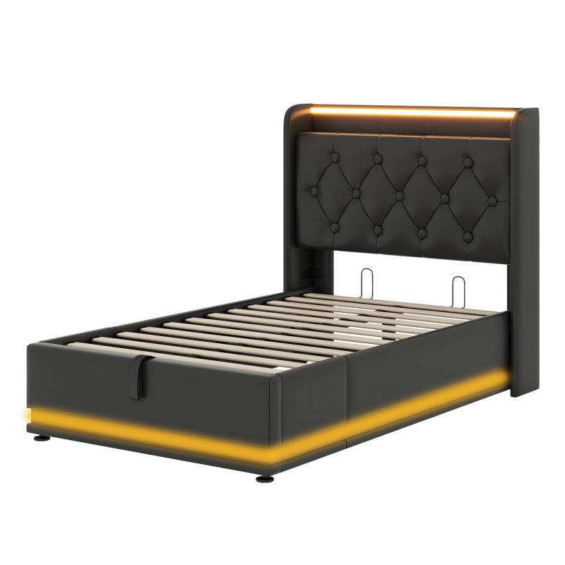  Drye Upholstered Bed, 360 Surround LED Function, Buttons/Apps/Remote Control, Hydraulic Storage, Twin, Black