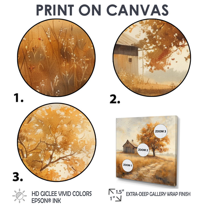 Jaune, brun, automne, campagne, délice, grange, salon, art mural, Toile tendue, H 36 po x l 36 po x P 1,5 po