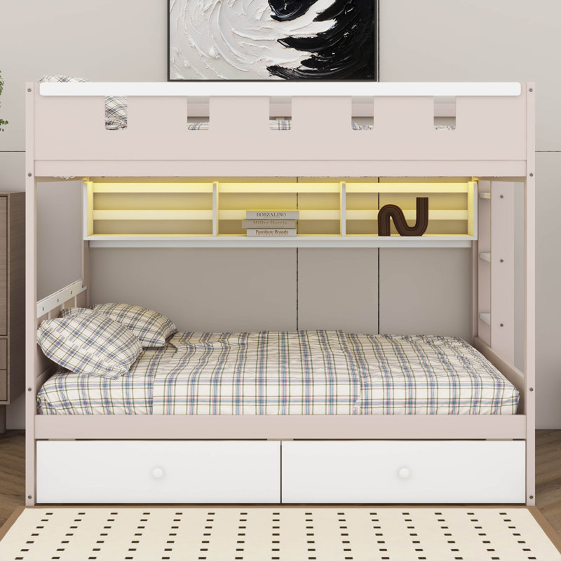 Lit superposé avec tiroirs de rangement, cadre de lit maisonnette avec tablette et lumière DEL, rampe de style fenêtre géométrique