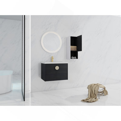 28" Wall-Mounted Bathroom Vanity With Ceramic Sink and Side Cabinet, Soft Close Doors Combination Cabinet