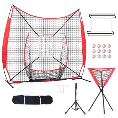Ensemble de filet de pratique de baseball 7 pi x 7 pi, filet d'entraînement portatif de lancer de balle avec zone de frappe, jeu de frappeur, collectionneur de balles, 12 balles de baseball et sac de transport