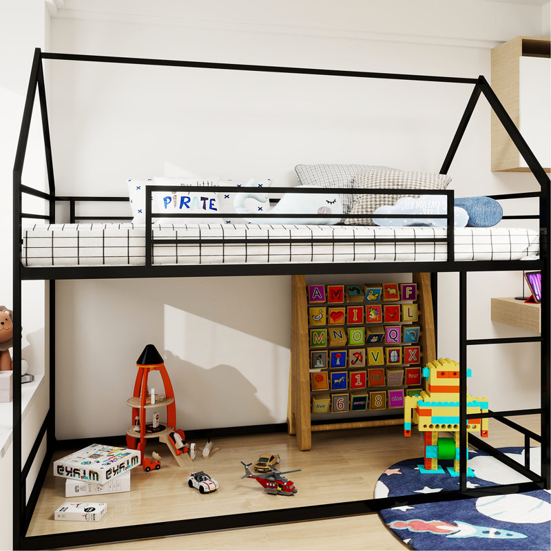 Structure de lit simple superposé en métal, structure en fer, fonctionnement silencieux, garde-corps et 3 marches, conception à profil bas pour les petites chambres à coucher, capacité de poids de 400 lb par lit, lattes robustes, sans sommier