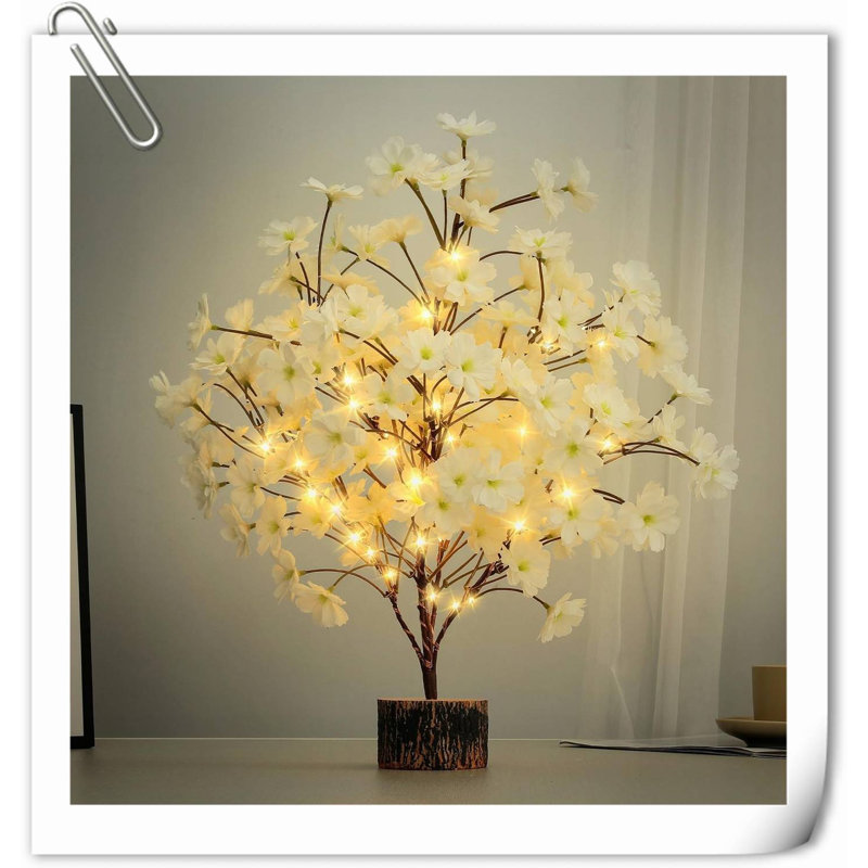 Arbre de fleurs de cerisier blanc éclairé 19 pouces, 49 lumières DEL de table avec minuterie, éclairage à lumières à l'intérieur pour la maison