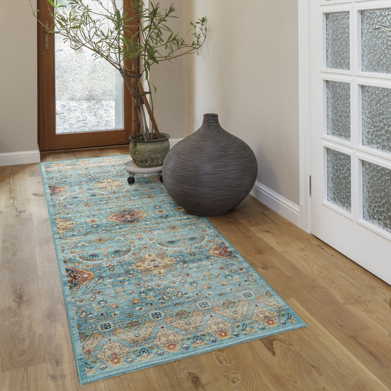 Samira Tanis Aqua Blue Gold Cream Multi Moroccan Bohemian Machine Washable Indoor Area Rug, Flat Pile for Living Room & Bedroom - Sage, 2x6 Runner