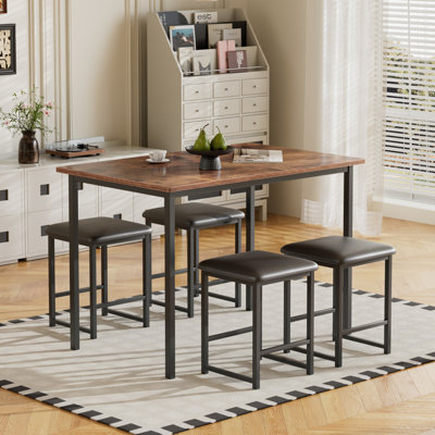 5 Pieces Dining Table Set Kitchen Table and Stool For 4 Modern Space Saving Kitchen Breakfast Table with PU Stools Chair, Heavy-Duty Metal Frame Wooden Industrial Farmhouse Style, Brown