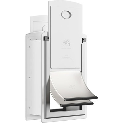Steel Dog Door for Wall, Telescoping Tunnel and Steel Frame, Double Magnetic Flaps and 2 Sliding Lock Panels, Easy to Install, White, X-Large.
