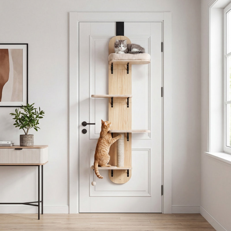 Arbre à chat suspendu à la porte, hauteur réglable sur 4 niveaux, avec coussin moelleux, beige., Beige