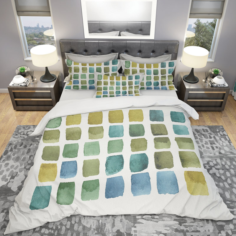 Ensemble de housse de couette transitionnel géométrique en bleu et vert, Housse simple + 1 taie décorative