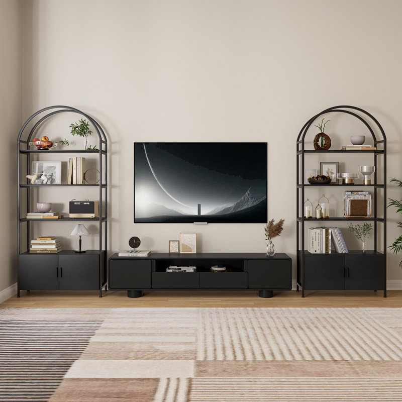Rone Gold Bookshelf Arched Bookcase With Doors Hidden Storage Luxury Sideboard, Black
