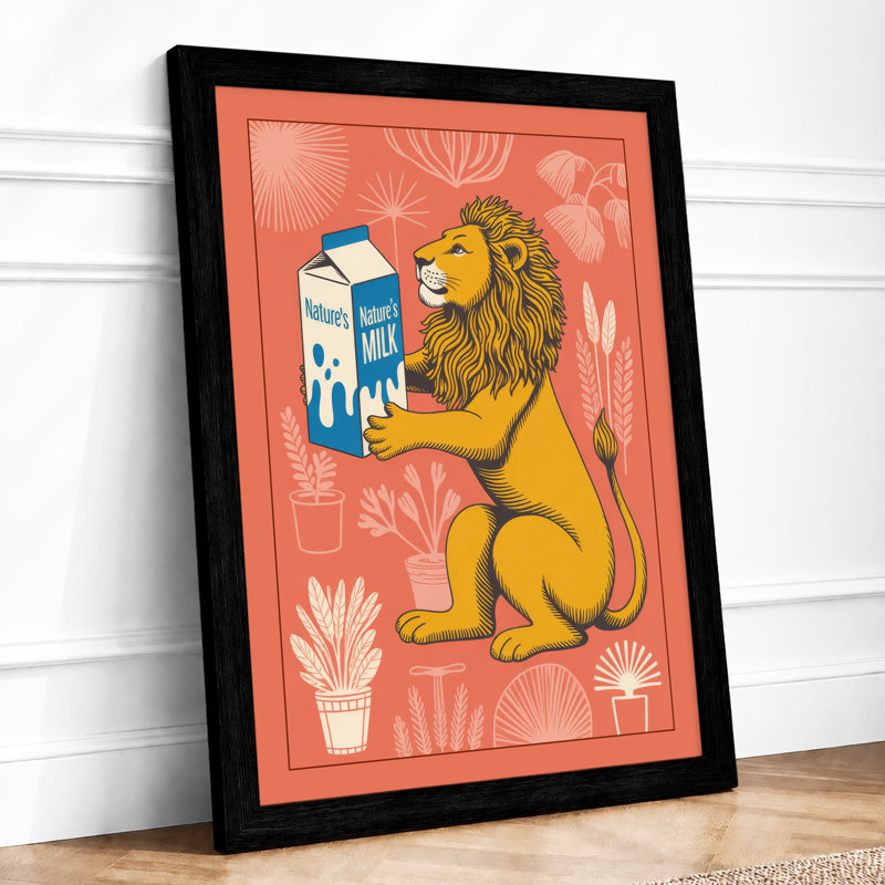 Lion with Milk Carton Retro - Framed Print, A1 - 84.1 x 59.4 cm, Black