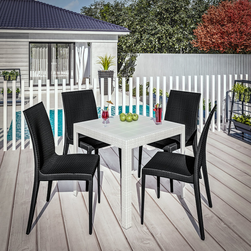 Ensemble de salle à manger d'extérieur 5 pièces avec table carrée et 2 chaises d'appoint, Noir, blanc