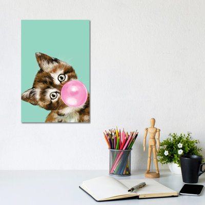Baby Cat Blowing Bubble Gum In Green by Big Nose Work - Wrapped Canvas Print