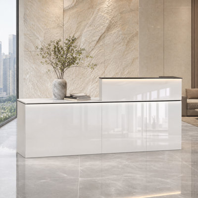 87.2" Modern Reception Desk with LED Lighting, Lockable Drawer, File Storage, Built-In Power Outlets, Keyboard Tray, Cable Management and Right Privacy Panel for Office, Salon and Retail