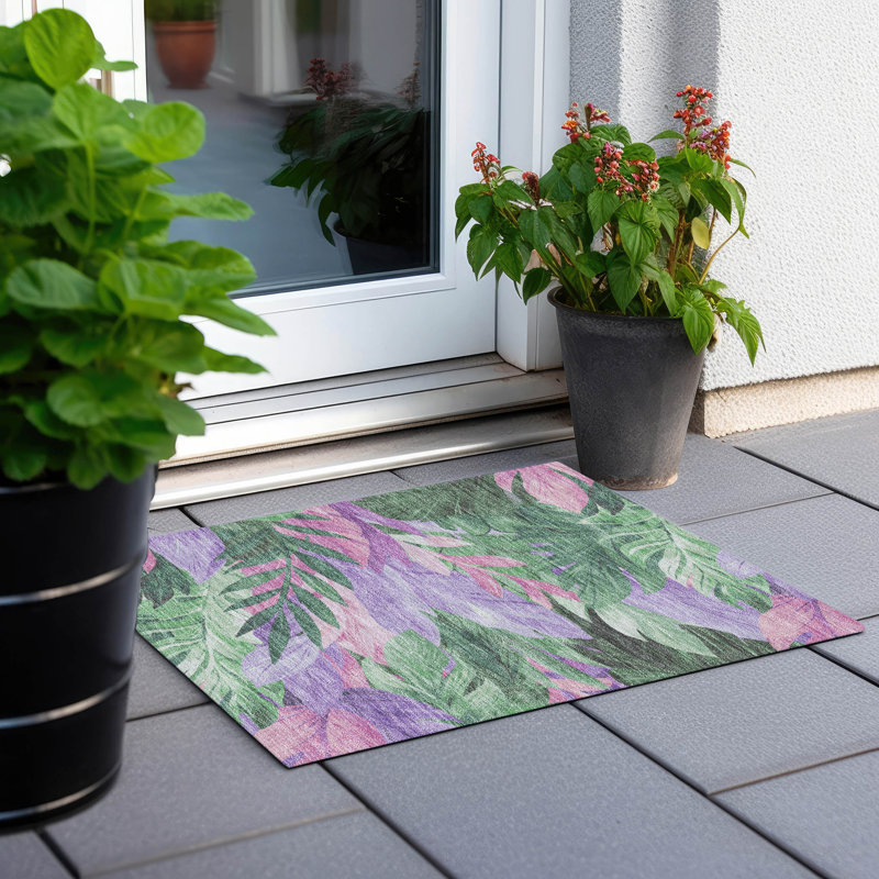 Sage Green and Purple Floral Washable Rectangular Rug