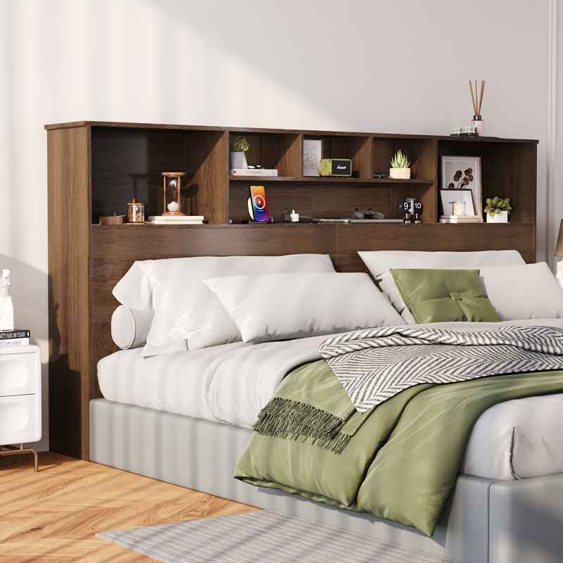 Modern Wooden Bookcase Headboard with Adjustable LED Lights & Charging Station – Queen & King Sizes, Scroll Down for Assembly Video