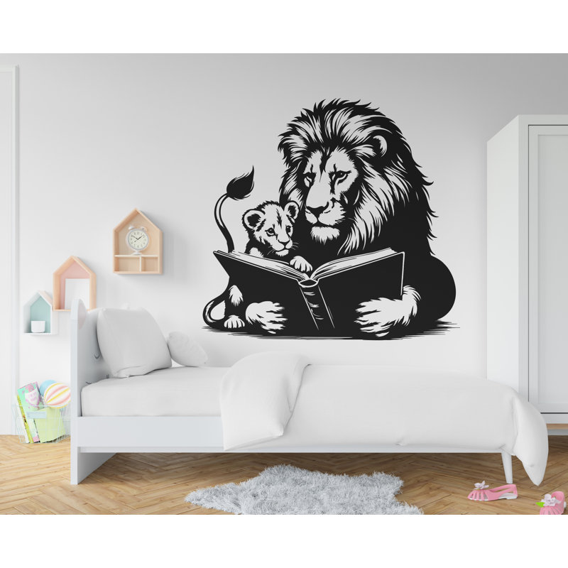 Adhésif décoratif «Un lion mignon» lisant un livre et lisant des livres, H 47 po x l 44 po, Noir mat