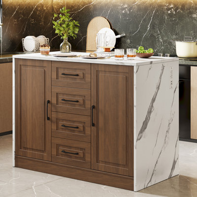 Îlot de cuisine 47,2 po avec prise de courant et 4 tiroirs, îlot de cuisine en faux marbre avec grande armoire de rangement pour la cuisine et la salle à manger