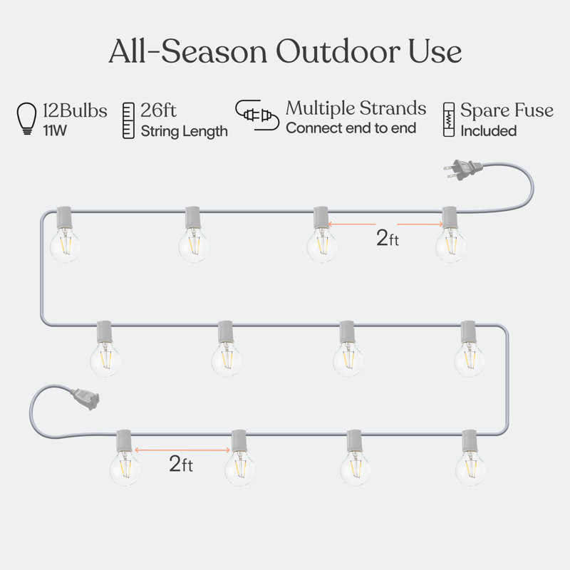 Ambience Pro 26 ft. Outdoor Plug-In LED String Lights with 12 Soft White G40 Bulbs, Weatherproof, White Cord Commercial-Grade