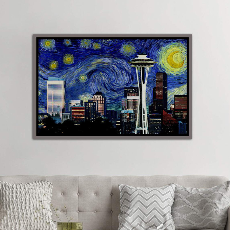 Seattle, Washington Starry Night Skyline - Print, Wrapped Canvas, 40" H x 60" W x 1.5" D