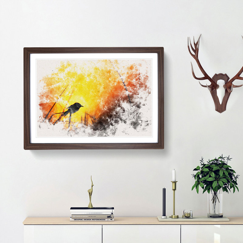 Bird in the Sunset Watercolour - Picture Frame Graphic Art Print, Walnut Framed, 45cm H x 63cm W x 2cm D