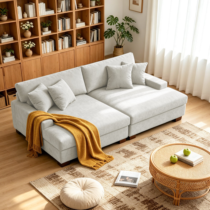 Oversized Upholstered Offwhite Chenille Sleeper Sofa Bed Lounge sofa with Armrests & Throw Pillows, Off White Chenille