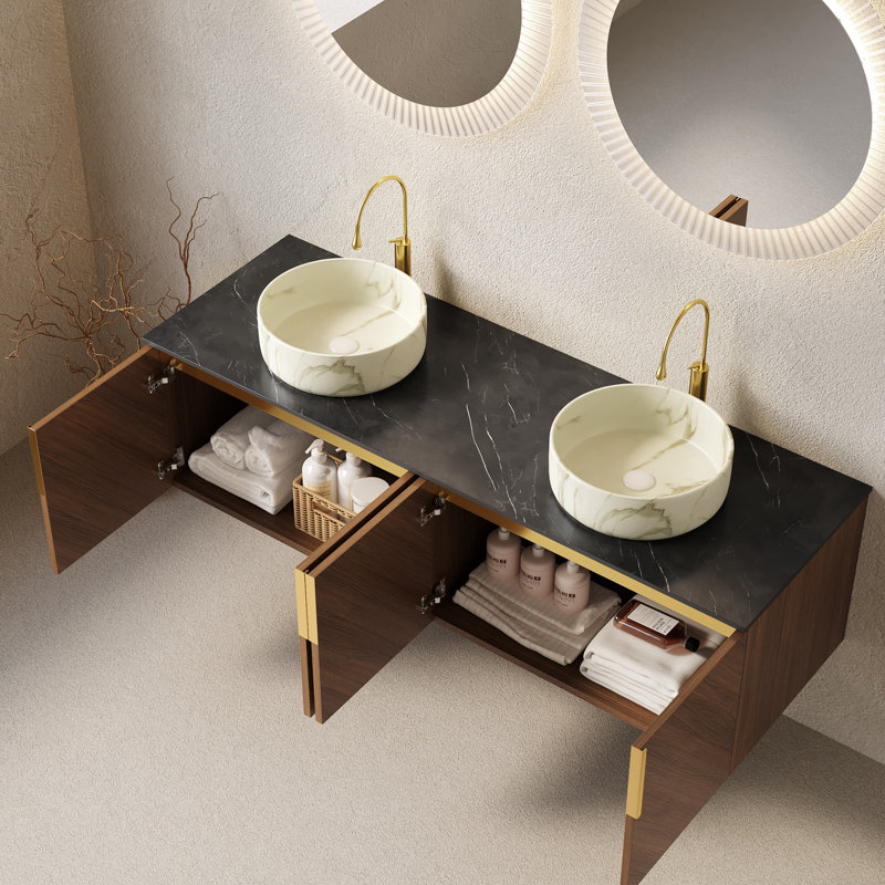 Meuble-lavabo double 60 po avec 4 portes, comptoir en pierre frittée, lavabo rond en céramique