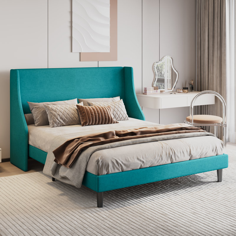 Toderick Upholstered Platform Bed with Deluxe Wingback and Linen Blend, Lake Blue, Full / Double