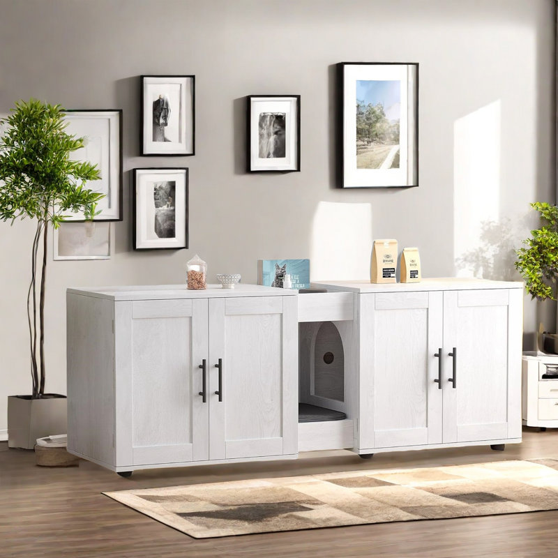 Cat Litter Box Enclosure With Double Cage, Cat House, Hidden Litter Box Enclosure Furniture, White